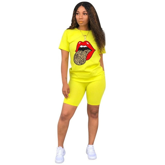 Short Sleeve Printed T Shirts Biker Shorts 2 Piece Set