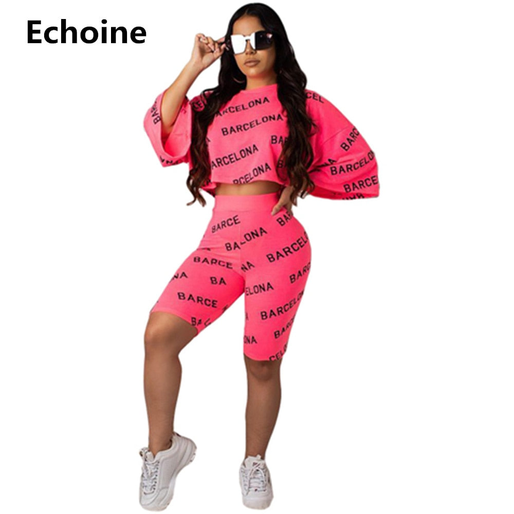 Echoine Letter Print 2 Piece set Women Crop Top and Shorts Sets Casual Sportwear Female Tracksuit Top Pants Set Streetwear