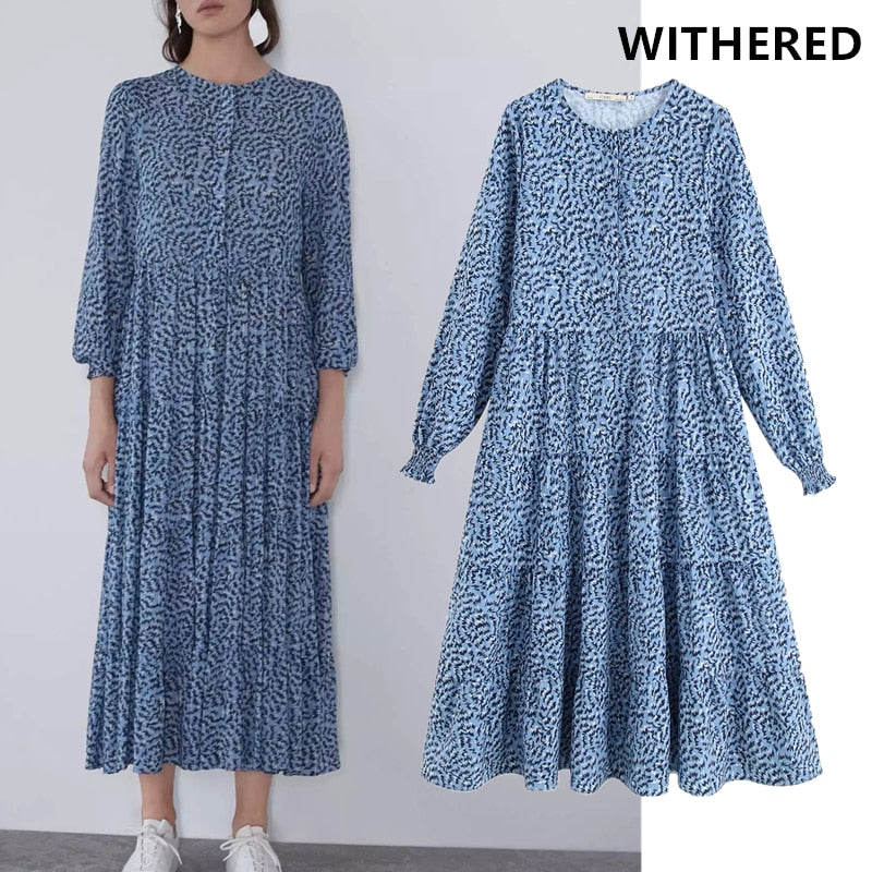 Withered dress women vestidos vintage Geometric printing o-neck loose party vestidos de fiesta de noche maxi dress balzer