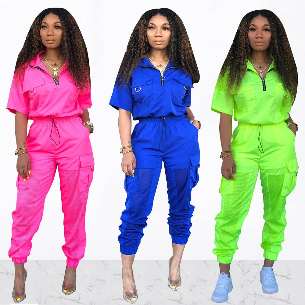 Women Soild 2 Piece Tracksuit Summer Zipper Up Pullover Mesh Patchwork Short Sleeve Tops And Big Pockets Loose Pants Outfit