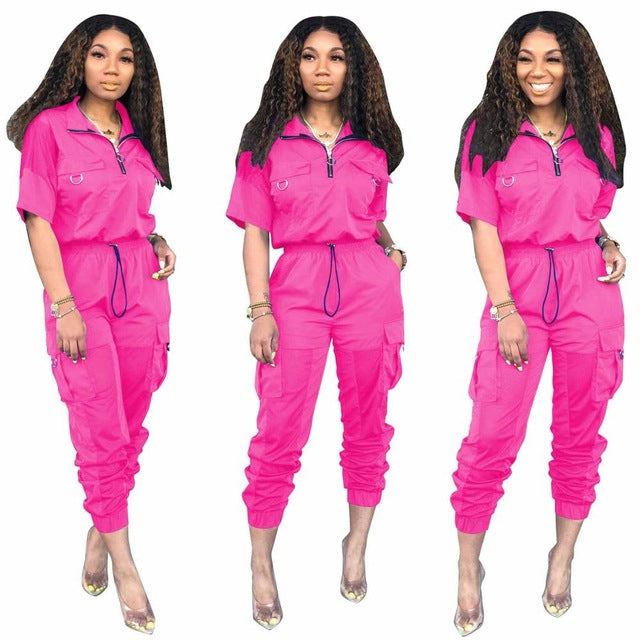 Women Soild 2 Piece Tracksuit Summer Zipper Up Pullover Mesh Patchwork Short Sleeve Tops And Big Pockets Loose Pants Outfit