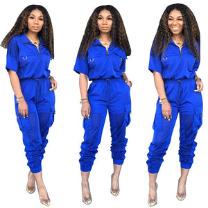 Women Soild 2 Piece Tracksuit Summer Zipper Up Pullover Mesh Patchwork Short Sleeve Tops And Big Pockets Loose Pants Outfit