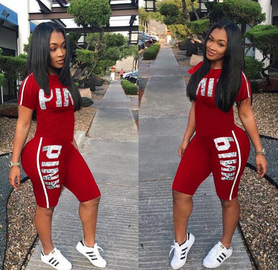 RAISEVERN Pink Letter Print 2 Piece Set Women Summer Two Piece Tracksuit Short Sleeve Top and Knee Length Shorts Casual Outfit