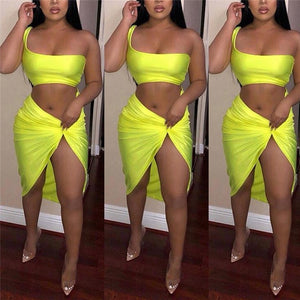 2019 Hot Sale Sexy Women Two Pieces Sleeveless Off Shoulder Tank Vest Bra Crop Tops High Waist Side Split Skirt Bandage Clubwear