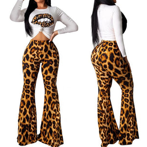 2019 Brand New Style Fashion 2PC Women Short Sleeve Tops Long Leopard Print Boot-cut Pants Set Casual Outfits Flared Trousers