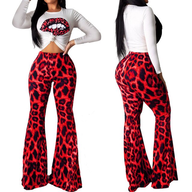 2019 Brand New Style Fashion 2PC Women Short Sleeve Tops Long Leopard Print Boot-cut Pants Set Casual Outfits Flared Trousers