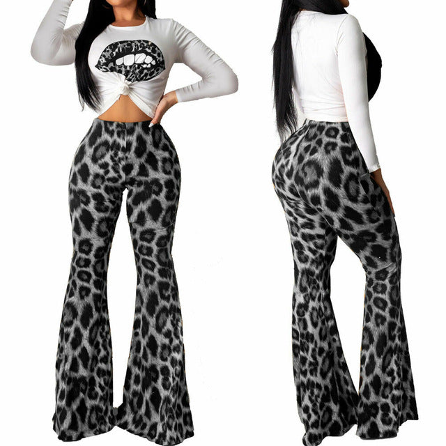 2019 Brand New Style Fashion 2PC Women Short Sleeve Tops Long Leopard Print Boot-cut Pants Set Casual Outfits Flared Trousers