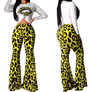 2019 Brand New Style Fashion 2PC Women Short Sleeve Tops Long Leopard Print Boot-cut Pants Set Casual Outfits Flared Trousers