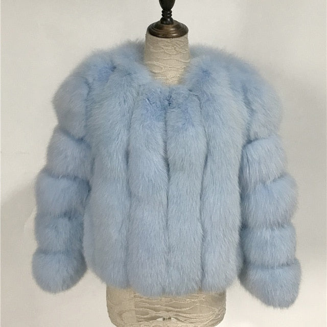 Fashion Silver Fox Real Fur Coat Thick Warm Blue Fox Womens Coats 2019 Winter Whole Skin Natural Fur O-Neck Elegant Costume