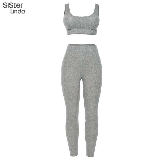 Sisterlinda Fall Winter Cotton Fitness Tracksuit Set Women Slim Crop Tops Stretch Padded Sporting Leggings Active Wear Outfits