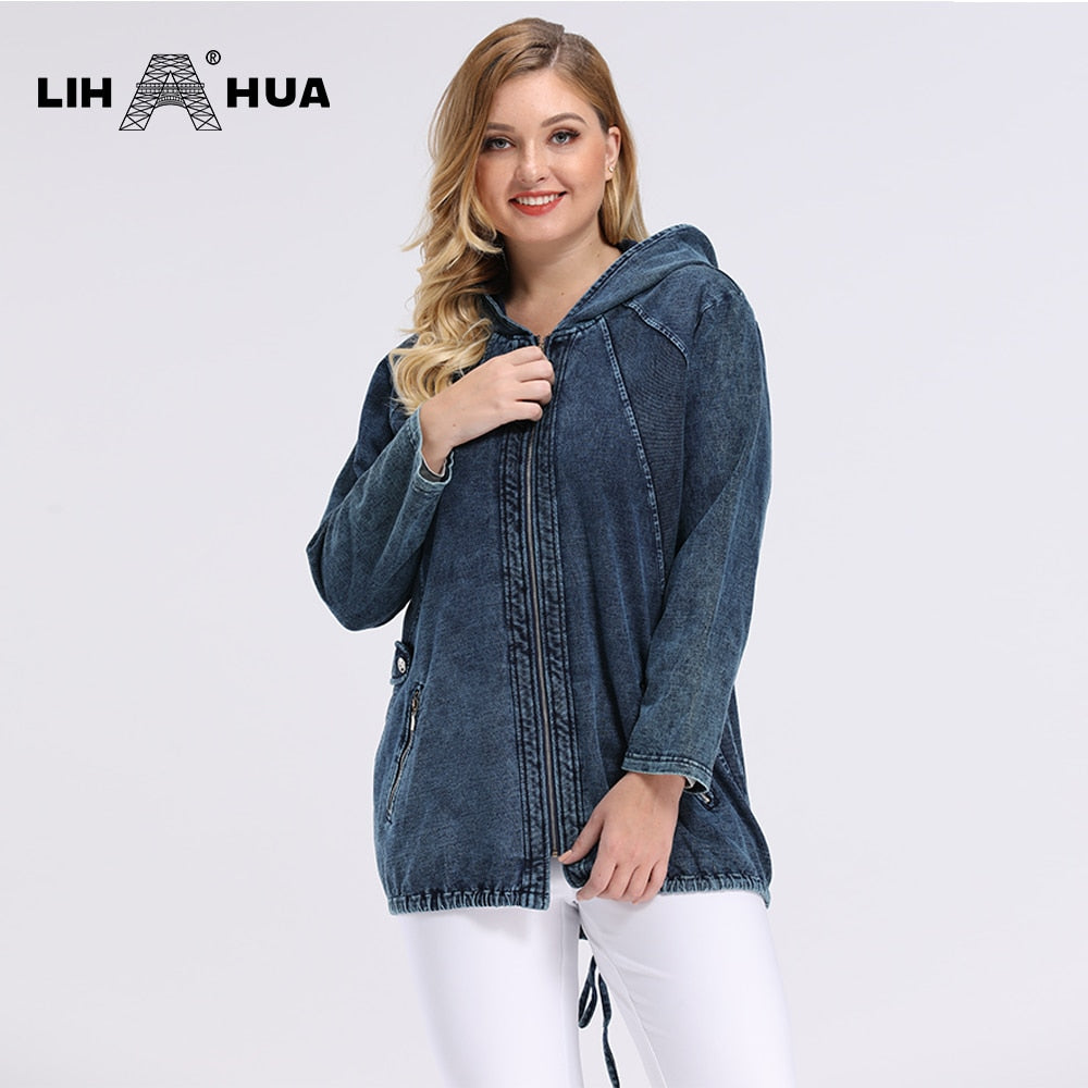 LIH HUA Women's Plus Size Spring Casual Denim Jacket high flexibility Slim Fit Jacket hoodie jacket Shoulder pads for clothing