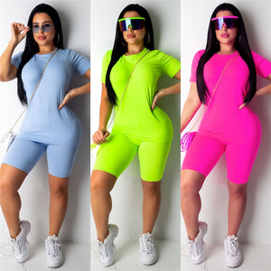 2PCS/Set Women Sports Suit Neon Top Short Pants Workout Clothes Tracksuit Fashion Summer Outfit Ladies Casual 2 Piece Set 2019