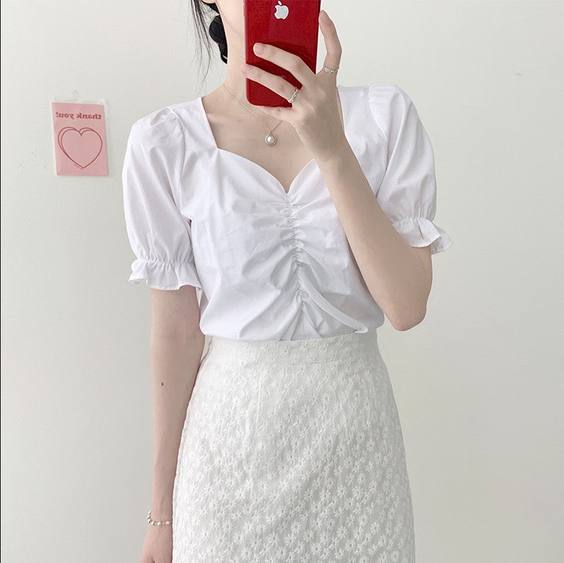 new Girls Summer blouse v neck shirt short sleeves Tops high waist bud silk lace embroidery A Line skirts two Two piece suits