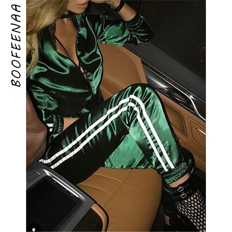 BOOFEENAA Spring 2020 Casaul Tracksuit Women 2 Piece Set Top And Pants Satin Striped Patchwork Zipper Sexy Sweatshirt Sweat Suit