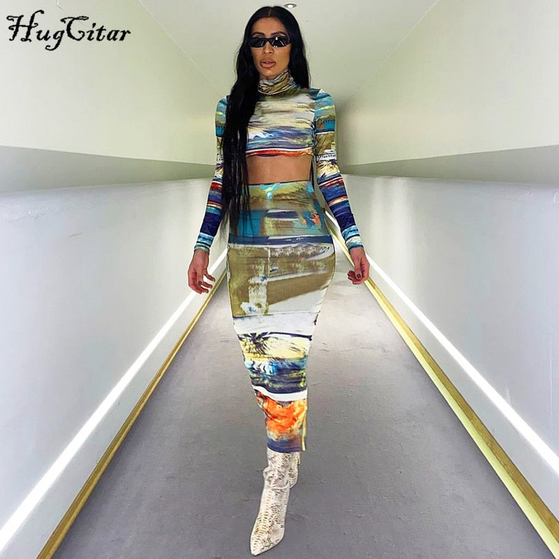 Hugcitar 2020 tie dye print long sleeve crop top long skirt 2 pieces set spring summer women streetwear outfits party wear