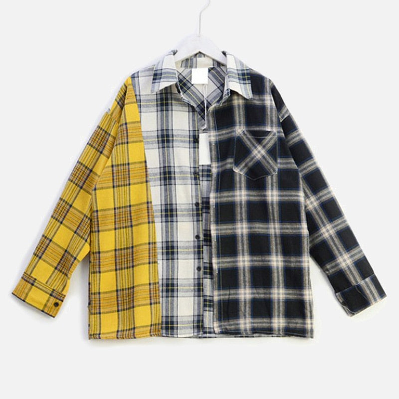 Hip Hop Plaid Color Contrast Women's Shirts Tops Long Sleeve Patchwork Splice Shirt Streetwear Female 2020 Spring Summer Top