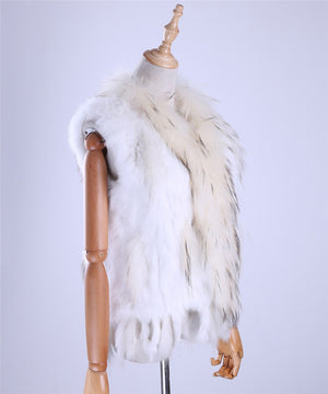 Brand New Women's Lady Genuine Real Knitted Rabbit Fur Vests tassels Raccoon Fur Trimming Collar Waistcoat Fur Sleeveless Gilet