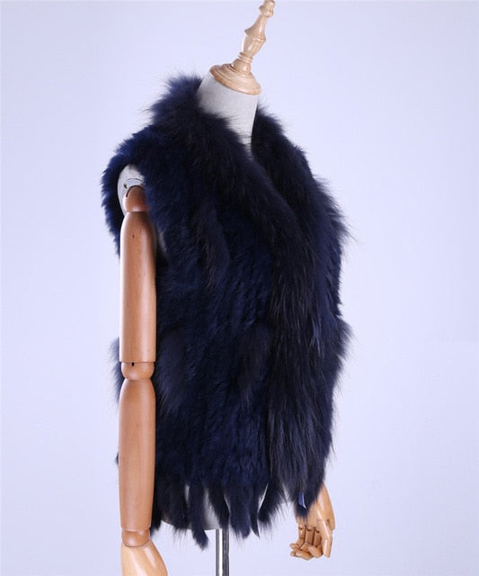 Brand New Women's Lady Genuine Real Knitted Rabbit Fur Vests tassels Raccoon Fur Trimming Collar Waistcoat Fur Sleeveless Gilet