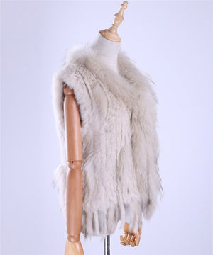 Brand New Women's Lady Genuine Real Knitted Rabbit Fur Vests tassels Raccoon Fur Trimming Collar Waistcoat Fur Sleeveless Gilet