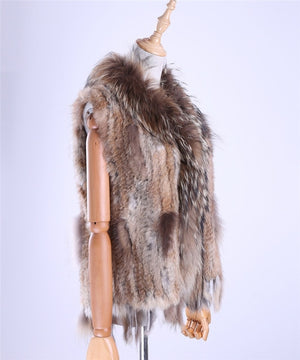 Brand New Women's Lady Genuine Real Knitted Rabbit Fur Vests tassels Raccoon Fur Trimming Collar Waistcoat Fur Sleeveless Gilet