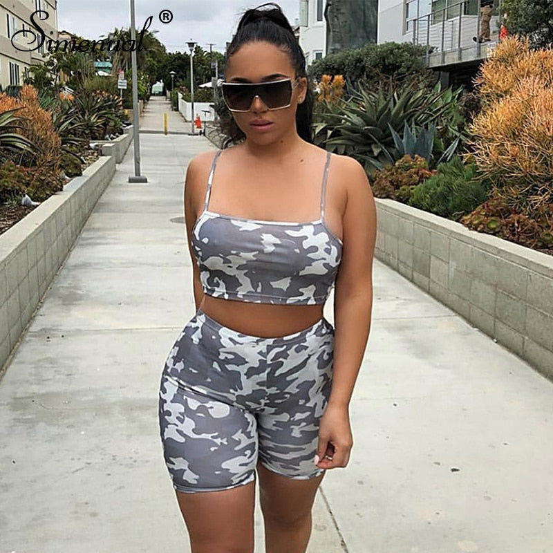 Simenual Camouflage Casual Workout Matching Set Women Sporty Fashion Sleeveless Two Piece Outfits Crop Top And Biker Shorts Sets