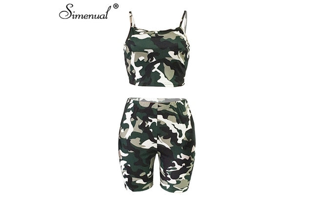 Simenual Camouflage Casual Workout Matching Set Women Sporty Fashion Sleeveless Two Piece Outfits Crop Top And Biker Shorts Sets