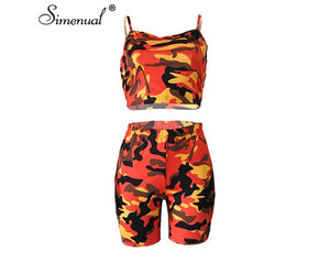 Simenual Camouflage Casual Workout Matching Set Women Sporty Fashion Sleeveless Two Piece Outfits Crop Top And Biker Shorts Sets