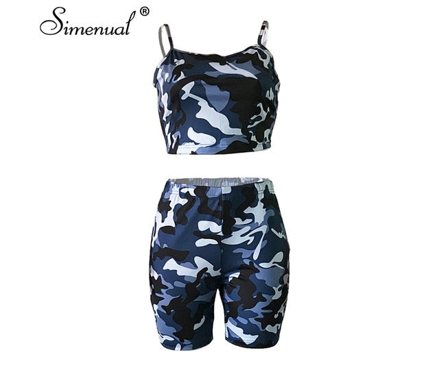 Simenual Camouflage Casual Workout Matching Set Women Sporty Fashion Sleeveless Two Piece Outfits Crop Top And Biker Shorts Sets