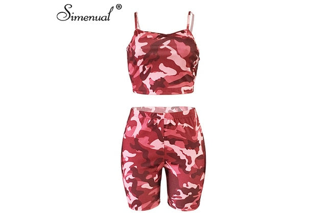 Simenual Camouflage Casual Workout Matching Set Women Sporty Fashion Sleeveless Two Piece Outfits Crop Top And Biker Shorts Sets