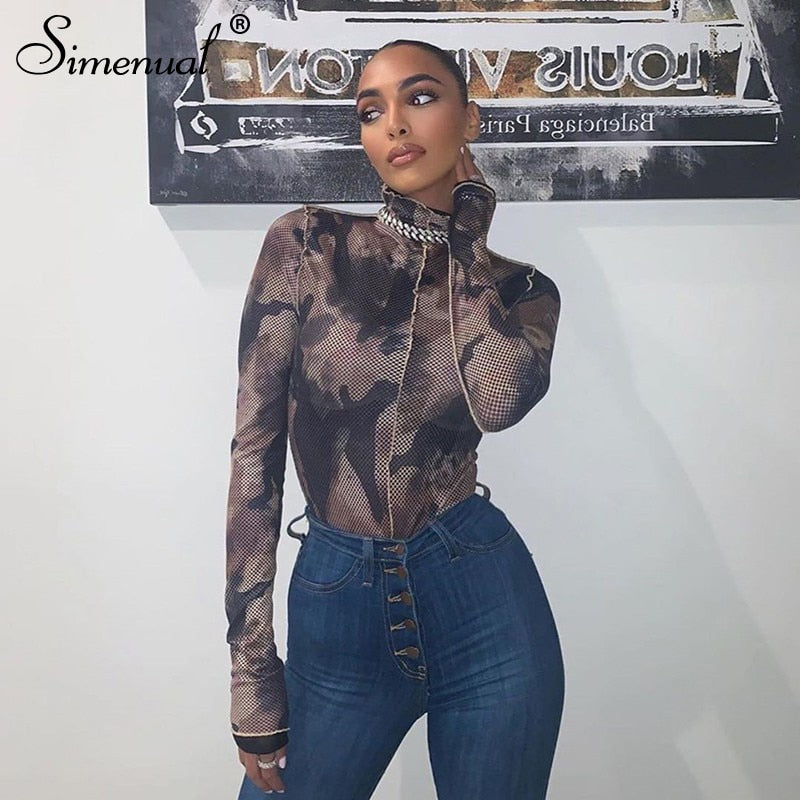 Simenual Camouflage Mesh Fashion Women Bodysuit Autumn Long Sleeve Skinny Rompers 2020 Casual Patchwork Hollow Out Bodysuits