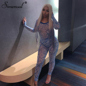 Simenual Mesh Hot Sexy Transparent Two Piece Set Women Print Fashion 2020 Skinny Outfits Long Sleeve Bodysuit And Pants Sets