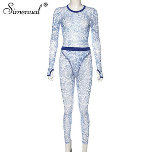 Simenual Mesh Hot Sexy Transparent Two Piece Set Women Print Fashion 2020 Skinny Outfits Long Sleeve Bodysuit And Pants Sets