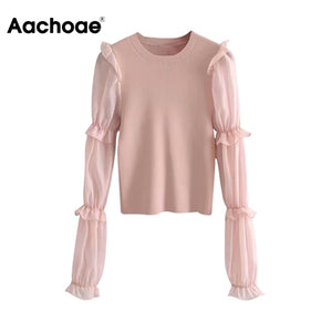 Chic Mesh Patchwork Knitted Pullover Women Ruffles Long Sleeve Fashion Sweater 2020 Ladies Casual O Neck Bodycon Jumper Tops