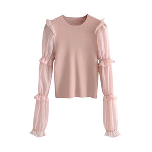 Chic Mesh Patchwork Knitted Pullover Women Ruffles Long Sleeve Fashion Sweater 2020 Ladies Casual O Neck Bodycon Jumper Tops