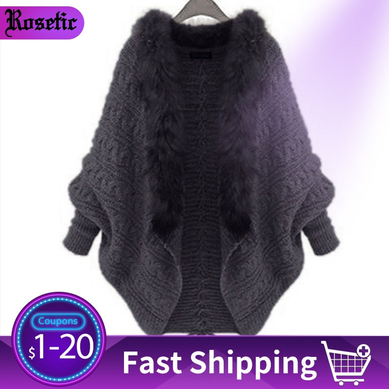 Rosetic Women Knitted Sweater Cape Coat Winter Cardigan Fake Fur Collar Warmness Gothic Knitwear Tops Batwing Sleeve Outerwear