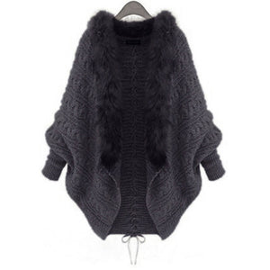 Rosetic Women Knitted Sweater Cape Coat Winter Cardigan Fake Fur Collar Warmness Gothic Knitwear Tops Batwing Sleeve Outerwear
