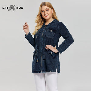 LIH HUA Women's Plus Size Casual Long Style Denim Jacket Premium Stretch Knitted Denim with shoulder pads and hat