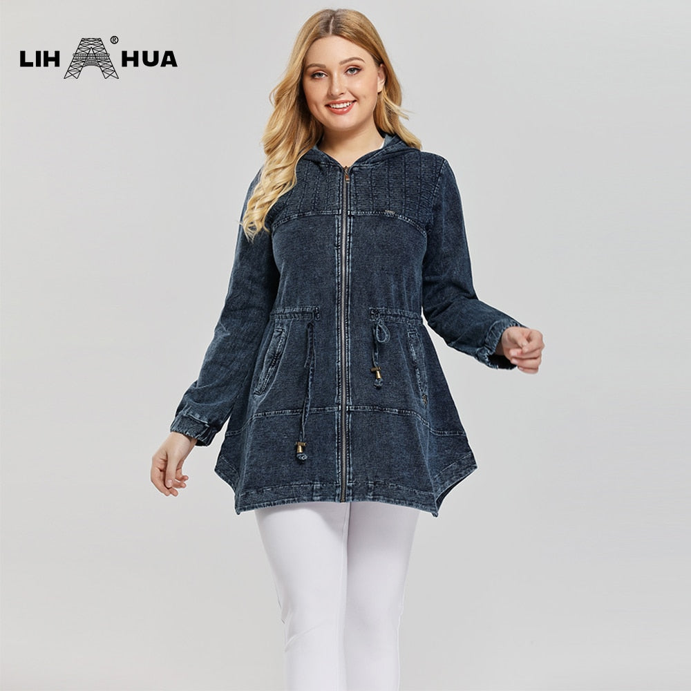 LIH HUA Women's Plus Size Casual FashionDenim Jacket Premium Stretch Knitted Denim with shoulder pads