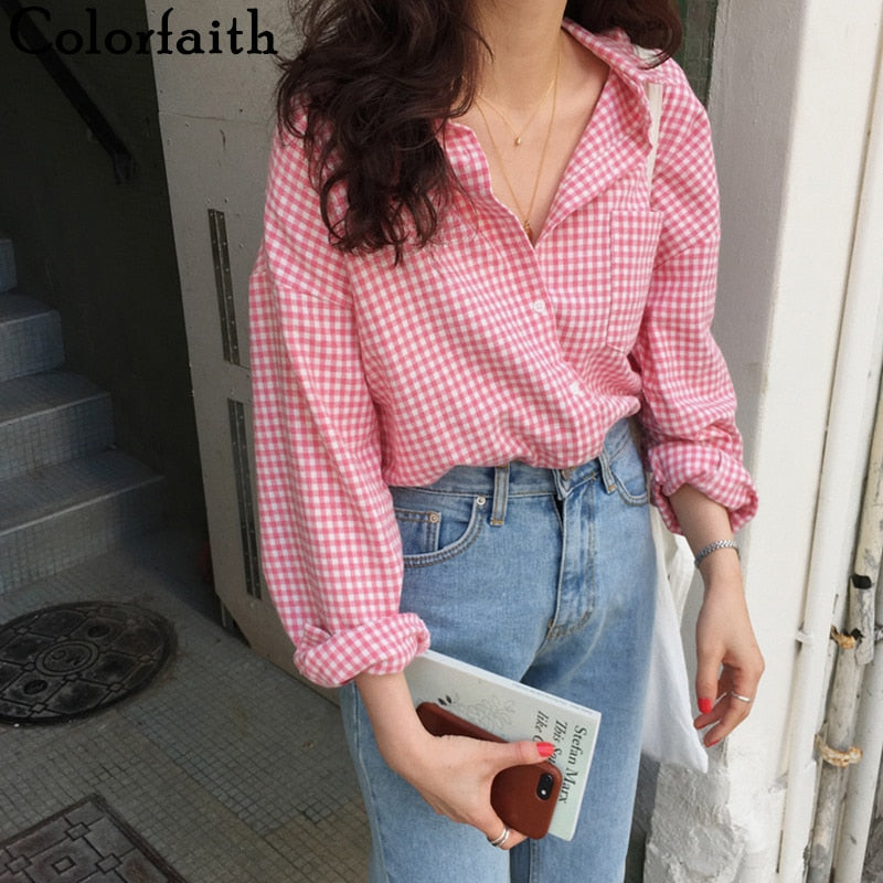 Colorfaith New 2020 Women Spring Summer Blouse Shirts Plaid Fashionable Single Breasted Casual Loose Wild Sweet Pink Tops BL023