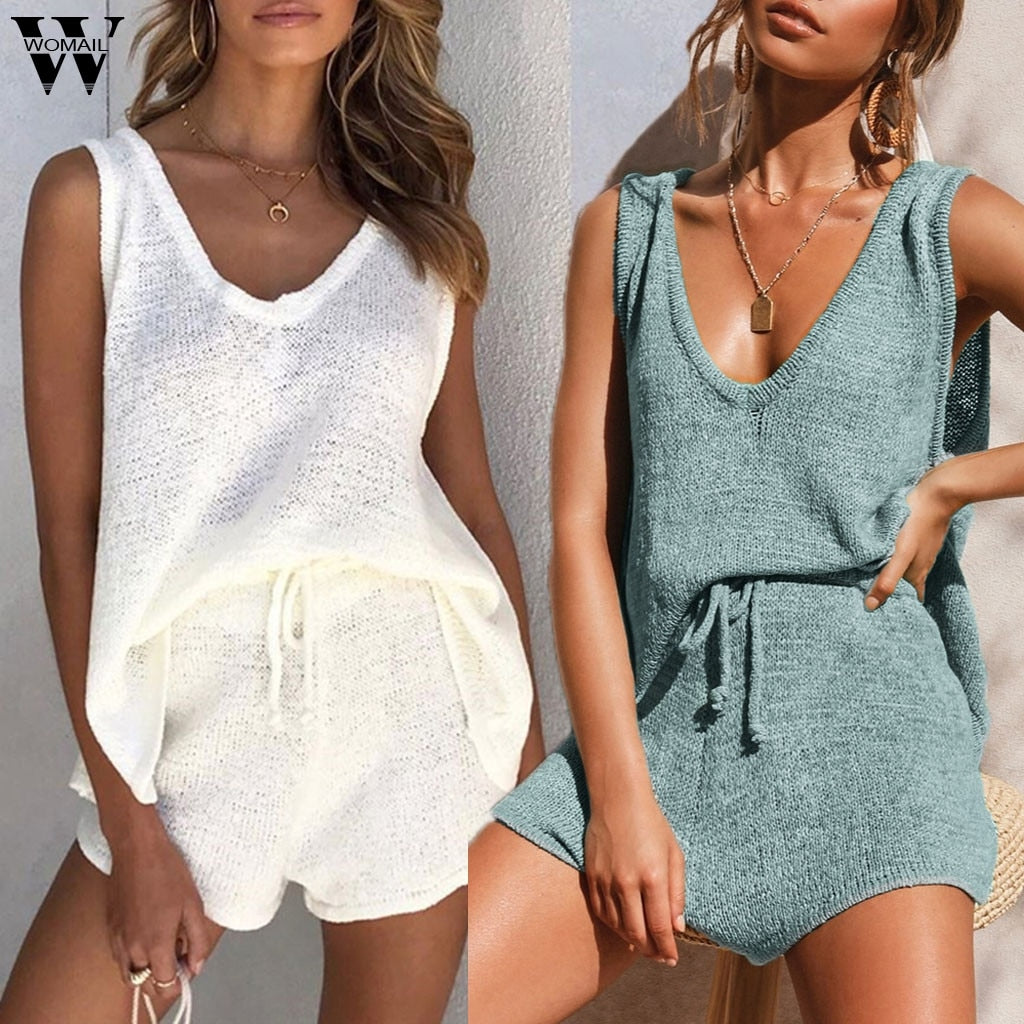 Womail tracksuit women Boho Apricot Knitted Suits Women Loose Tops Shorts Elegant 2 Pieces Set Summer Beach Bikini Romper 2020