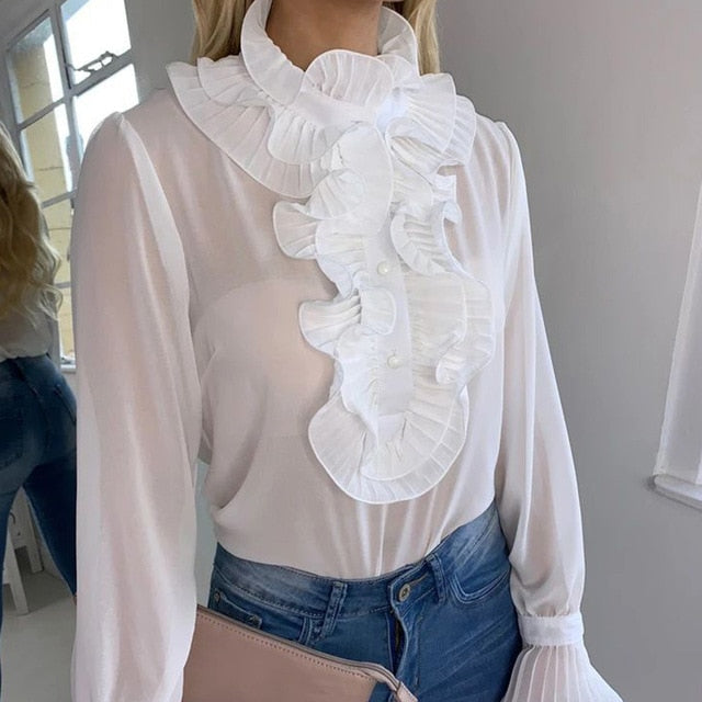 Spring Ruffled Long Flare Sleeve Women's Blouses Black See Through Buttons Female Tops 2020 Summer Vintage Thin Ladies Blouse