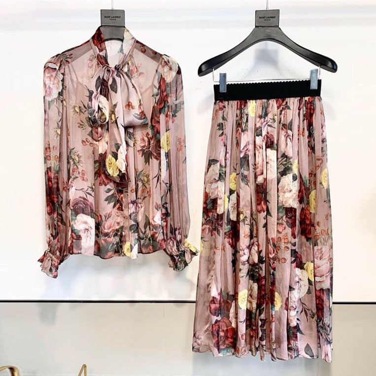 Top Quality 2 Piece Set 2020 Spring Italy Fashion Flowers Print Long Sleeve Natural Silk Bloueses + Eleastic High Waist Skirts