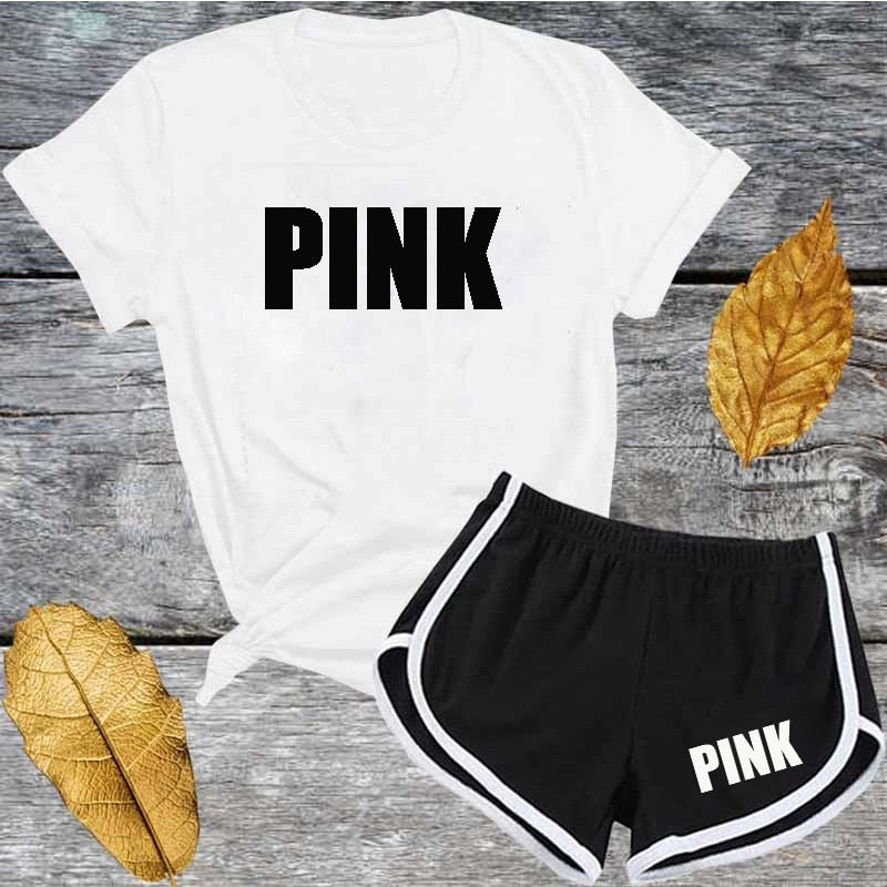 Cute Pink Letter Tracksuit Set Women Short Sleeve T Shirt And Shorts Fashion Casual 2 Piece Suits