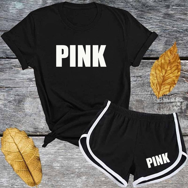 Cute Pink Letter Tracksuit Set Women Short Sleeve T Shirt And Shorts Fashion Casual 2 Piece Suits