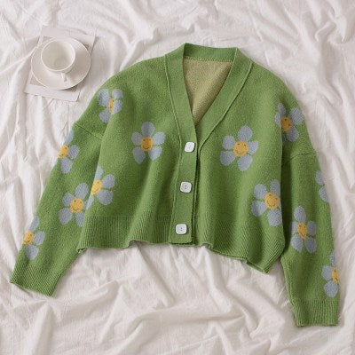 2020 Spring College Style Flower Print Knitted Doat Loose Retro V-neck Cute Light Green Sweater Cardigan Blouse Short Section