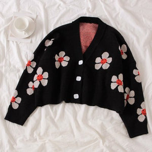 2020 Spring College Style Flower Print Knitted Doat Loose Retro V-neck Cute Light Green Sweater Cardigan Blouse Short Section