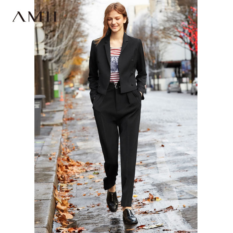 Amii Minimalist Autumn Two Pieces Set Office Lady Solid Short Suit Slim Long Pants Elegant Female Suits 11940031