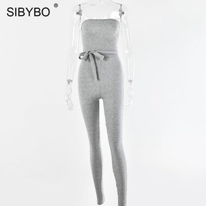 SIBYBO Ribbed Off Shoulder Sexy Jumpsuit Women Strapless Drawstring Summer Women Rompers Skinny Backless Rompers Womens Jumpsuit