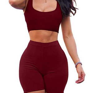 Summer Women's Solid Color Sexy Fashion Bodycon Two Piece Dress Crop Top Tank Short Pants Set Outfits