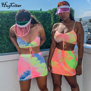 Hugcitar spaghetti straps tie dye print sexy camis skirt two 2 piece set 2019 summer women fashion party club holiday tracksuit